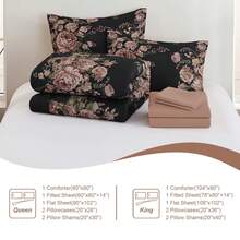7 Pieces Purple Floral Comforter Set King Size, Soft Microfiber Black Powder Bed In A Bag Comforter Set With Sheets For All Season,Home ,Bedroom Decor ,Perfect Gift For Valentine's Day, Women's Day & Weddings ,Essential Household Supplies - Bột đen - Xem 7