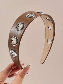 1件装 时尚朋克风棕色仿皮镂空金属发箍，百搭配饰 - 咖啡棕 - 查看 1