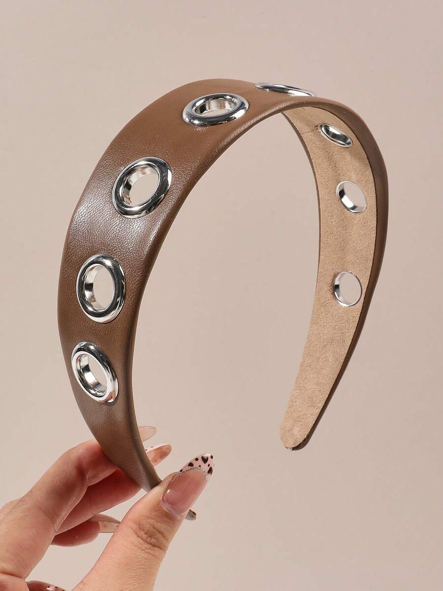 1件装 时尚朋克风棕色仿皮镂空金属发箍，百搭配饰 - 咖啡棕 - 查看 1