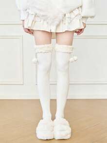 1 Pair Faux Fur Pom Pom Over-The-Knee Socks, Thick & Warm For Autumn/Winter, Cute Lolita Style - Multicolor - View 4