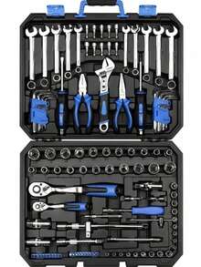 46 pièces Kit d'outils, Clé à cliquet, Embouts de tournevis à douille métrique, Convient pour la réparation de voitures, motos, vélos et usage domestique, Coffret en plastique - Multicolore - Voir 1