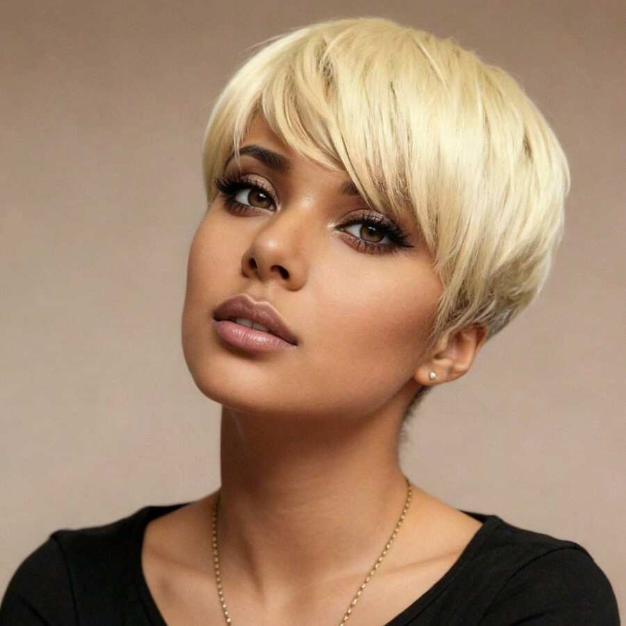 6 Inch Pixie Cut Wig Human Hair For Black Women-Short Blonde Straight Human Hair Wigs With Bangs-Non Lace Full Machine Made Rose Net Cap - S613 - View 1