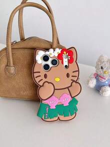 SANRIO Ốp lưng điện thoại silicon hình mèo KT giả lông thú 3D màu đen dễ thương, bảo vệ toàn diện, mềm mại, tương thích với iPhone 17/16 Pro Max, 14 Pro/13 Pro, 12/11 PM/15 Plus - màu nâu - Xem 1