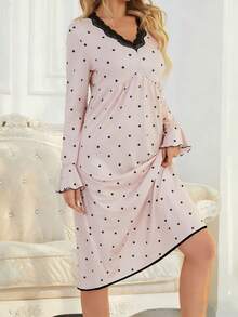 1 chiếc váy midi dài tay họa tiết chấm bi cổ chữ V viền ren thanh lịch dành cho nữ, mùa xuân/thu - Rượu sâm banh - Xem 2