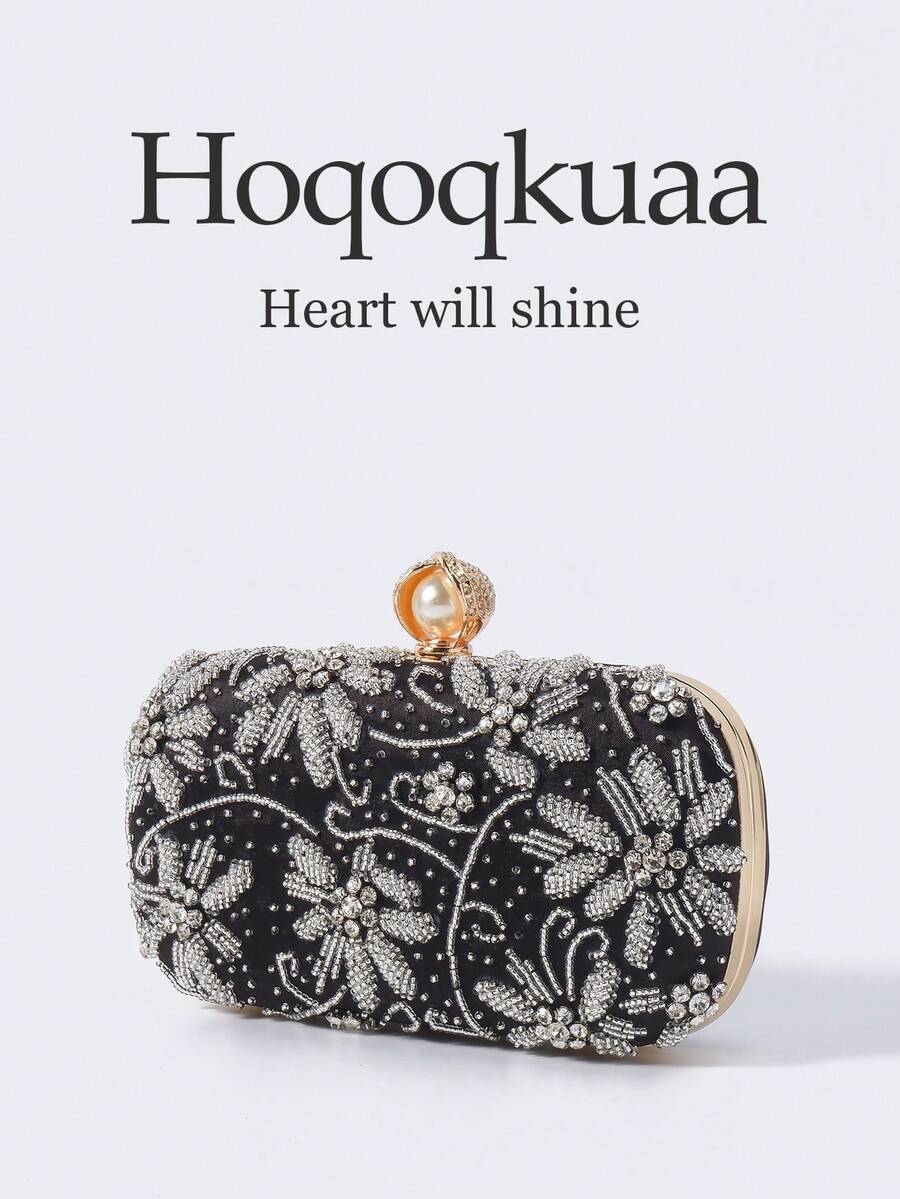 1pc Luxury Sparkling Black Beaded Evening Clutch Bag, Elegant Rhinestone Embellished Handbag, Fashion Women's Party Purse, Bridal Wedding Clutch With Detachable Shoulder Strap, Suitable For Formal Events, Weddings, Parties, Festivals - Black - View 1