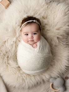 2件套新生儿摄影道具，包括婴儿纯色弹力包巾、白色可爱珍珠发带，适用于影棚拍摄 - 彩色 - 查看 4