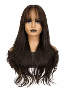 13*4*1T蕾丝前假发，28英寸长波浪卷发合成蕾丝假发，带刘海，耐热纤维，适合日常佩戴 - 彩色 - 查看 9