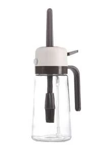 1个带刷子的泵式喷雾油瓶。按压式喷嘴可均匀喷洒食用油，适用于厨房烹饪、储存食用油以及户外露营。它具有细雾喷洒功能，可实现精准控油。硅胶刷头耐热。这是一款多功能烹饪油瓶，也是一款广受欢迎的厨房工具。