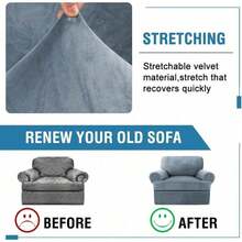 Trugenix-Sofa Cover 2 Piece T Cushion Armchair Slipcovers Velvet Couch Cover Furniture Protector Stretch T Cushion Sofa Covers For 1 Cushion Couch With 1 Individual T Cushion Covers, Deep Teal-GP - Stone Blue - 查看 6