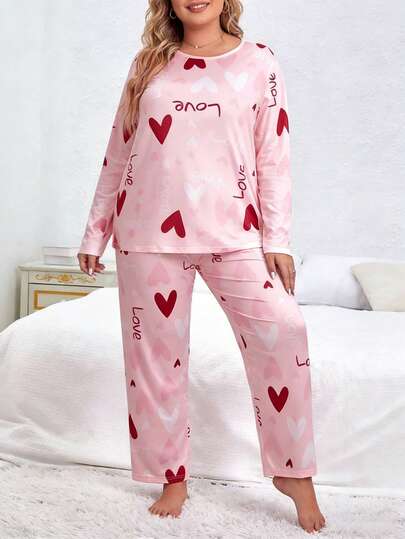 大码女士舒适爱心字母印花睡衣套装 - 柔软针织面料，涤纶和氨纶混纺，长袖上衣和长裤家居服，适合春、秋、冬季穿着