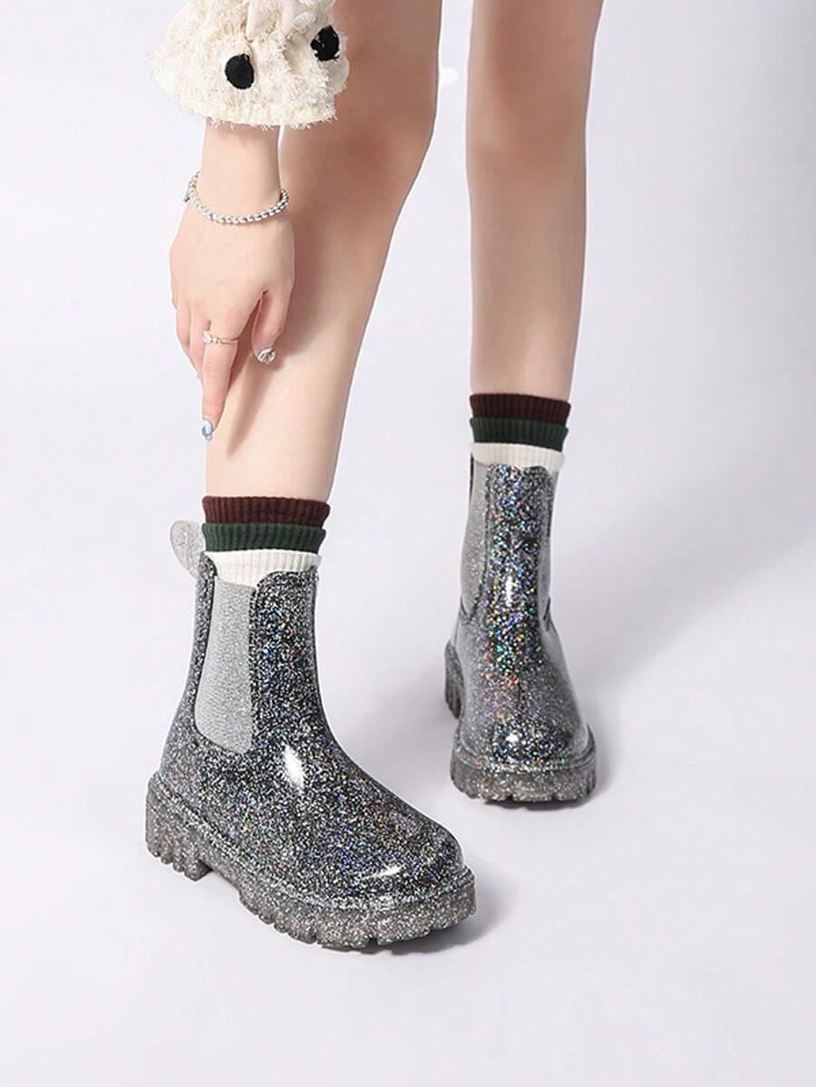 Gradient Chic Leopard Print Chelsea Rain Boots, Transparent Glossy Thick Sole Fashion Ankle Boots - Black - View 1