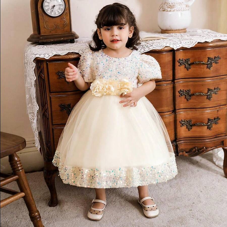 Pink Kids Clothes 2116 Big Bow 3D Flower Girls Frock Tulle Sequins Ball Gown Pageant Children Elegant Princess Prom Host Formal Evening Party Cocktail Dress 0-4Y - 香檳酒 - 查看 1
