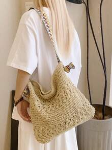Women's Shoulder Bag, Crocheted Straw Woven Beach Style - Beige - View 4