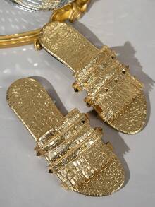 Sandales plates décontracté à franges et rivets pour femmes, mules multifonctionnelles, sandales d'été à bout rond antidérapantes pour la plage et l'extérieur - Doré - Voir 2