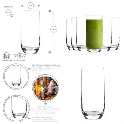 Highball Tumbler Drinking Glasses Set. Pack Of 6 Water Juice Tableware Glass 315ml