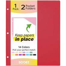 Sooez 2-Pocket Folders, Plastic Folders With Pockets 3 Hole Punched, 1 Pack Pockets Folder For 3 Ring Binder With Labels, Heavy Duty Binder Folder For Document, Letter Size File Folder,Red - 紅色的 - 查看 1