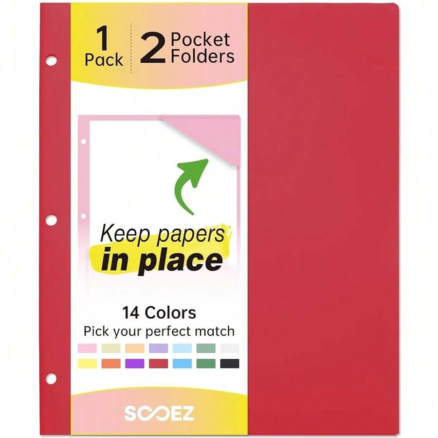 Sooez 2-Pocket Folders, Plastic Folders With Pockets 3 Hole Punched, 1 Pack Pockets Folder For 3 Ring Binder With Labels, Heavy Duty Binder Folder For Document, Letter Size File Folder,Red - 紅色的 - 查看 1