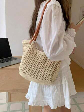 Bolso de paja tejido a mano de gran capacidad para mujeres, bolso de playa y hombro para vacaciones 2026, amigable para el transporte diario