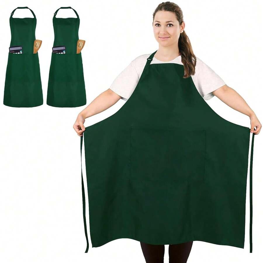 2 Pcs Plus Size Chef Apron, Unisex Professional Apron With 2 Pockets For CooFKing, Work, BaFKing (Larger Size) - Green - View 1