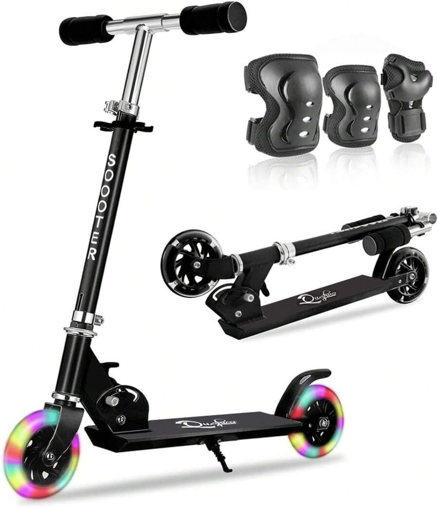 Scooters para Niños, Scooter Patinete Plegable Pare Niño, Patinete de 2 Ruedas con Luz LED y 3 Niveles de Ajuste de Altura, Regalo de Navidad/Cumpleaños, Pto ara Niños Menores de 1.3m - Negro - Ver 1