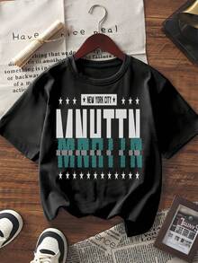 Tricou grafic cu mânecă scurtă pentru femei, cu imprimeu New York City, litere și stele, croială lejeră, guler rotund, vară, streetwear