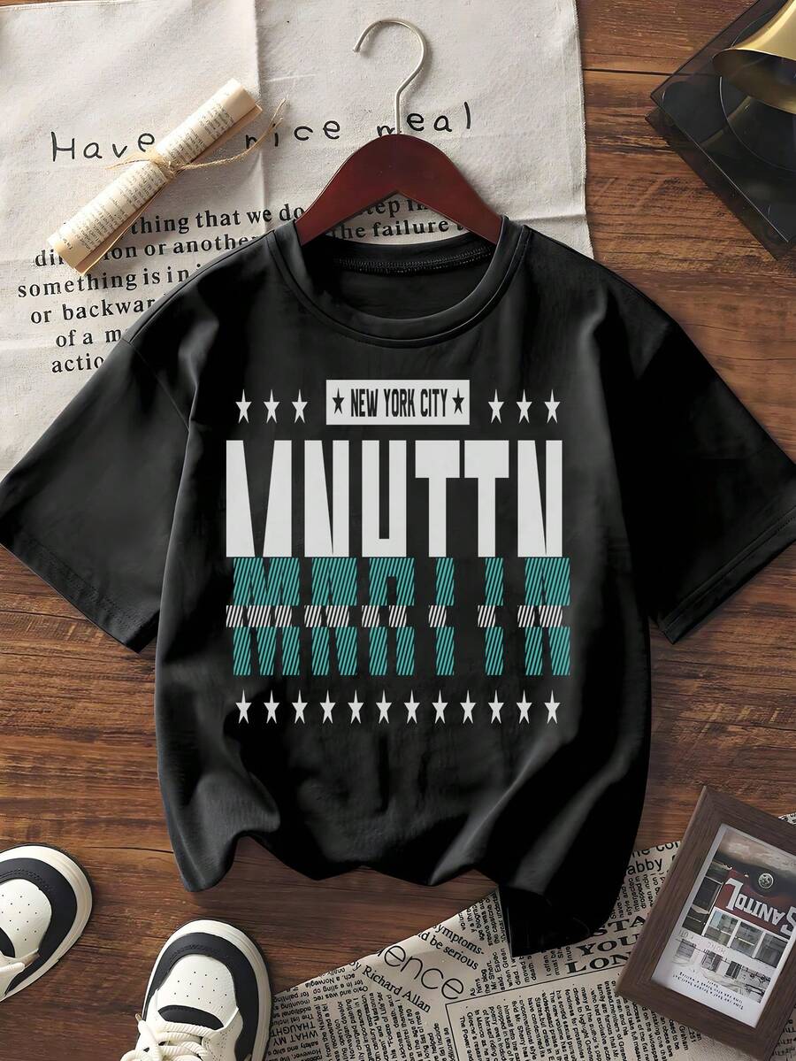 Tricou grafic cu mânecă scurtă pentru femei, cu imprimeu New York City, litere și stele, croială lejeră, guler rotund, vară, streetwear