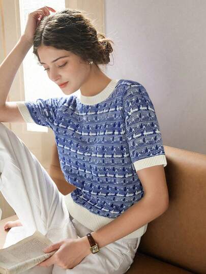 Knit Mix Elegante camiseta de manga corta de punto con cuello redondo y estampado floral francés para mujer, ajuste holgado, básica para primavera/verano, patrón aleatorio, adecuada para la vuelta al cole en primavera/verano, también adecuada para Navidad, Acción de Gracias y uso casual en vacaciones de Año Nuevo