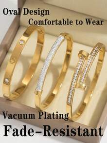 3 Sets/1 Set 18K Gold Plated Stainless Steel Four-Leaf Clover Nail Bracelet, Suitable For Women's Party, Daily Wear, European And American Style, Personalized, Generous, Luxurious Cubic Zirconia Wristband, Wedding Jewelry Set, Gift For Girls, Ladies, Relatives, Friends, Beautiful Wedding, Birthday, Valentine's Day, 18K Gold Plated Stainless Steel Floral Bracelet, Suitable For Women's Daily Wear, Classic Floral And Roman Numeral Rivet Design, Waterproof, European And American Style, Casual, Wedding, Party - Yellow Gold - View 2
