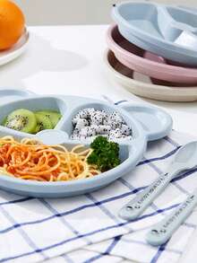 Set de Plato Infantil de Fibra de Trigo, Ecológico y Natural, con Divisiones, Libre de BPA y Metal, Incluye Cucharita y Tenedor para Bebés y Niños - Azul - Ver 9