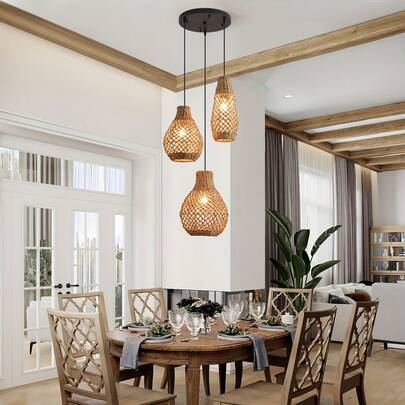 Bohemian Farmhouse Handwoven Rattan 3-Light Pendant Light, Adjustable Hanging Lamp Fixture Suitable For Bedroom, Kitchen, Farmhouse, E27 Bulb Socket, Semi-Flush Mount (Bulbs Not Included)