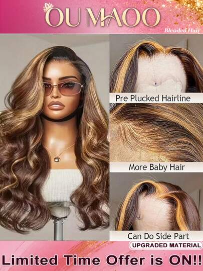 13x4HD Lace Closure Wig, Human Blended Hair 34 Inches - Glue-Free Water Wave Honey Blonde Ombre Lace Front Wig, Pre-Plucked Hairline & Pre-Cut Lace | No Glue Required, 3-Second Wear, Beginner-Friendly 4/27 Highlight Ombre Ready To Wear
