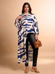 Women's Plus Size Allover Print Stand Collar V-Neck Solid Color High-Low Hem Ruffle Sleeves Asymmetric Hem Shirt(Random Print) - Multicolor - View 5