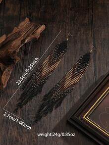 SOUL BEADING Handmade Beaded Tassel Earrings In Boho Style | Black And Gold Geometric Pattern | Vintage Jewelry Suitable For Formal Events And Daily Wear - Black - View 5
