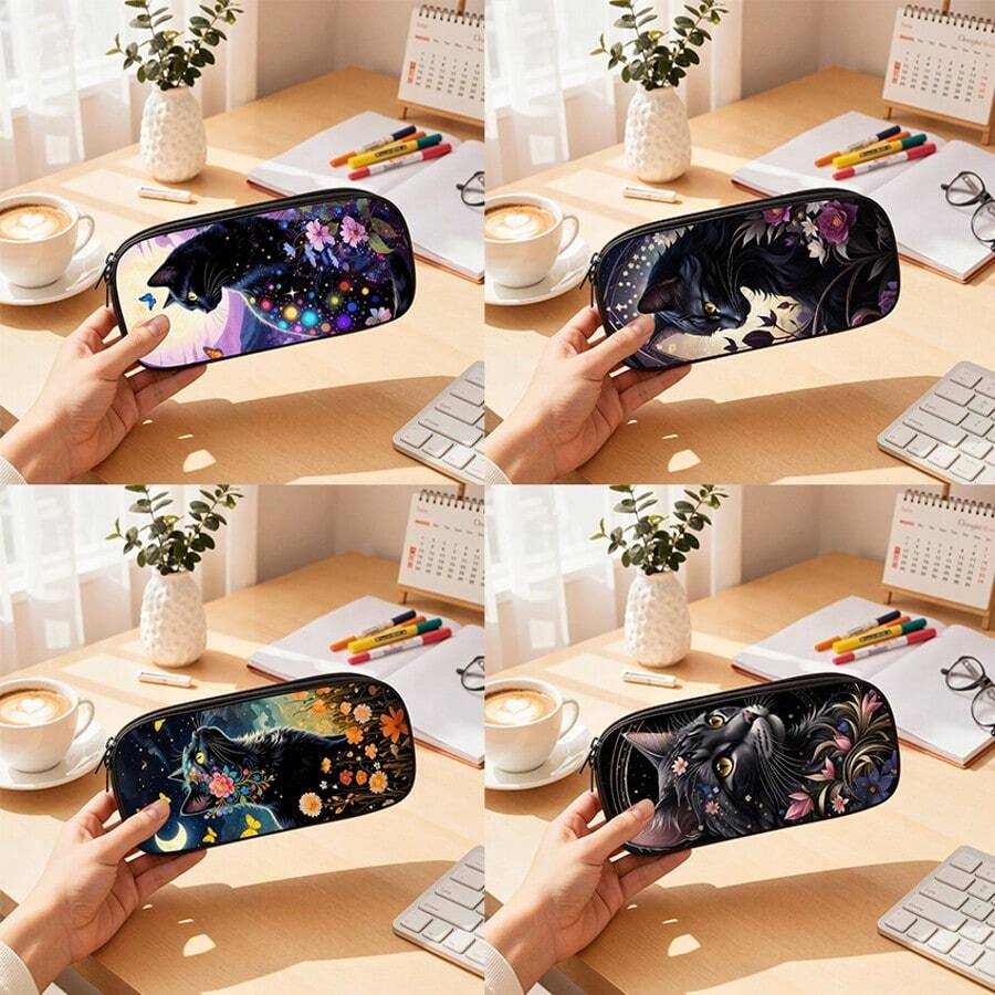 1pc Black Cat Design Large Capacity Pencil Case, Multi-Layer Storage For Pencils, Erasers, Rulers And Other Stationery. Practical Stationery For Daily School, Outdoor Sketching, Office Desk Organization, Ideal Gift For New Year, Back To School - Multicolor - View 1