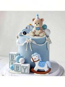 1 Set Blue Bear Cake Toppers, Blue & Gold Ball Cake Decorations, Baby Christening Birthday Cake Decor, Baby Shower Cake Decor, Reusable (Do Not Directly Contact The Cake, Please Use With White Tube And Tray, Do Not Touch The Surface Of The Ball) - Multicolor - View 1