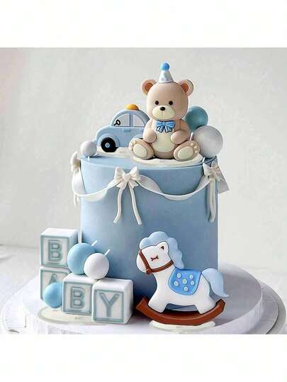 1 Set Blue Bear Cake Toppers, Blue & Gold Ball Cake Decorations, Baby Christening Birthday Cake Decor, Baby Shower Cake Decor, Reusable (Do Not Directly Contact The Cake, Please Use With White Tube And Tray, Do Not Touch The Surface Of The Ball)