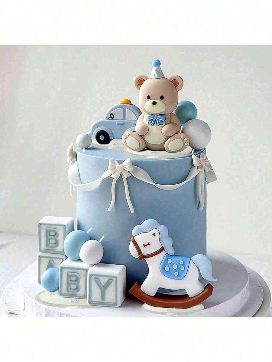 1 Set Blue Bear Cake Toppers, Blue & Gold Ball Cake Decorations, Baby Christening Birthday Cake Decor, Baby Shower Cake Decor, Reusable (Do Not Directly Contact The Cake, Please Use With White Tube And Tray, Do Not Touch The Surface Of The Ball) - Multicolor - View 1