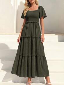 Women's Bohemian Summer Dress - Swiss Dot Smocked Square Neck Short Sleeve Maxi Dress For Spring Wedding Guest & Vacation - xanh quân đội - Xem 4