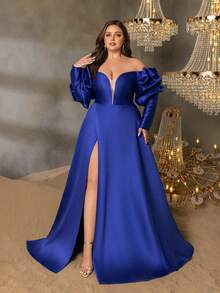 Faeriesty Plus Size Women's Elegant Off-Shoulder Formal Evening Dress - Featuring Dramatic Puff Sleeves, Bold High Slit, And Fitted Waistline - Perfect For Grand Celebrations, New Year Parties, Formal Galas, Exclusive VIP Events, And Glamorous Masquerade Balls - Royal Blue - View 4