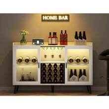 Mueble bar para vinos con luz LED, mueble para café con estante para vinos y copas, aparador de cocina con estantes de almacenamiento, mueble botellero independiente para salón o comedor - Blanco - Ver 8