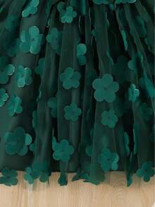 Girls' Deep Green Princess Dress, 3D Floral Mesh Tulle Skirt, Cinched Waist, Birthday Party Dress - Green - View 6