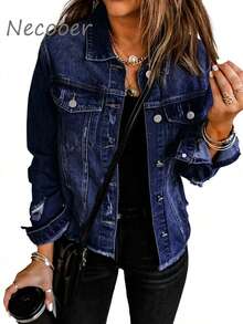 Necooer Women's Denim Jacket Old Style Washable Button Up Boyfriend Denim Jacket With Pocket Jacket Jacket [Four Season Version] - 深藍色 - 查看 5