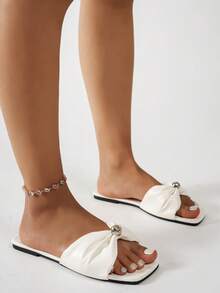 2025 New Summer Women Flat Sandals, Fashion Beach Party Black Slippers, Square Toe Casual Slides For Indoor & Outdoor, Spring/Summer - White - View 3