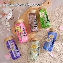1pc 18.7oz/550ml Glass Cup With Natural Bamboo Lid, Straw, Straw Brush, Personalized Birthday Flower Glass Cup With Name & Birthday Flower, Coffee Mug, Customizable Name Coffee Cup, Suitable For Birthday Gift, Bridesmaid Gift, Wedding Gift, Office, Bachelorette Party, Elegant & Romantic, Great For Mom, Wife, Girlfriend, Christmas, Valentine's Day, Mother's Day And More - Transparent - View 1