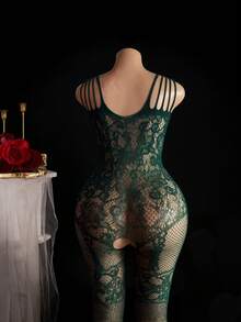 大码女士性感内衣，优雅黑色蕾丝网纱连体裤 - 性感内衣，开裆设计，镂空连体裤，女士连体裤和性感紧身裤 - 綠色 - 查看 2