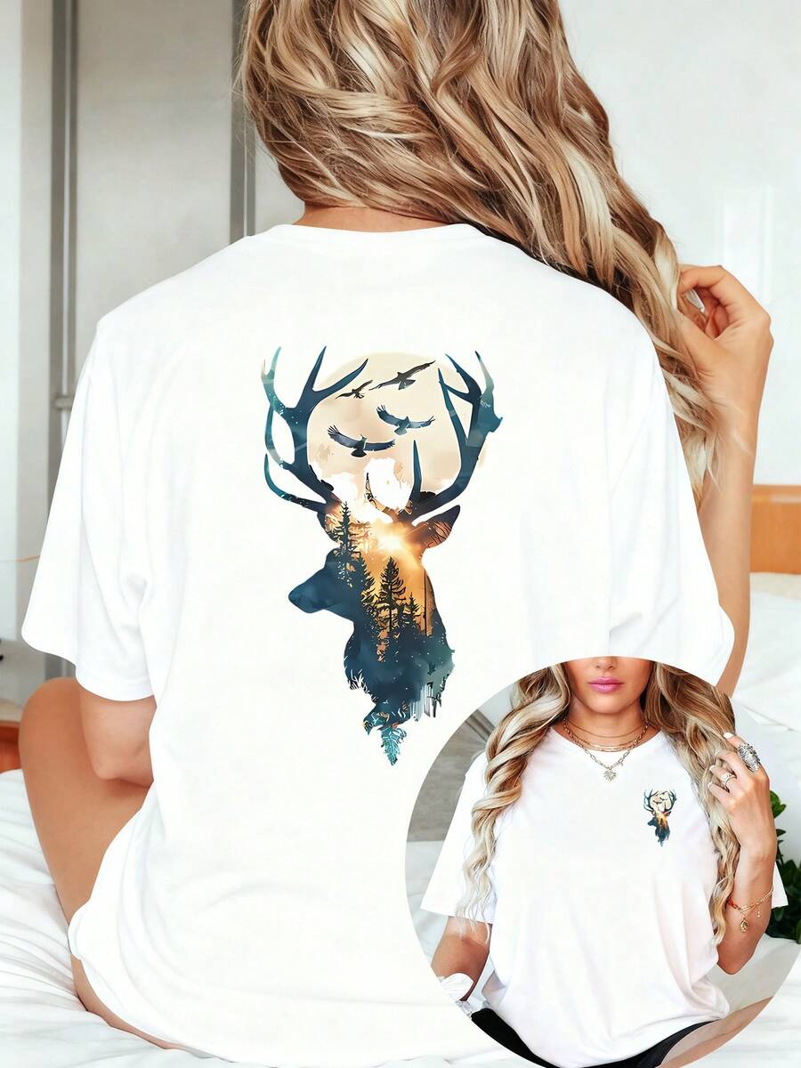 Women's Deer Forest Sun & Birds Print T-Shirt - Front & Back Double-Sided Deer Pattern, Short Sleeve Round Neck Casual Summer Blouse With Animal Design, Machine Washable For All-Season Wear - Stylish Outdoor & Everyday Top, Perfect Birthday Christmas Mother's Day Gift Size - trắng - Xem 1