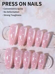 24片长杏仁形白色波点猫眼美甲贴纸，亚克力材质，适合短指甲。套装包含：1片果冻胶和1把指甲锉。波点和猫眼设计让您的指尖闪耀动人，是派对、舞蹈和日常使用的完美之选。美甲用品 - 淺粉色 - 查看 3