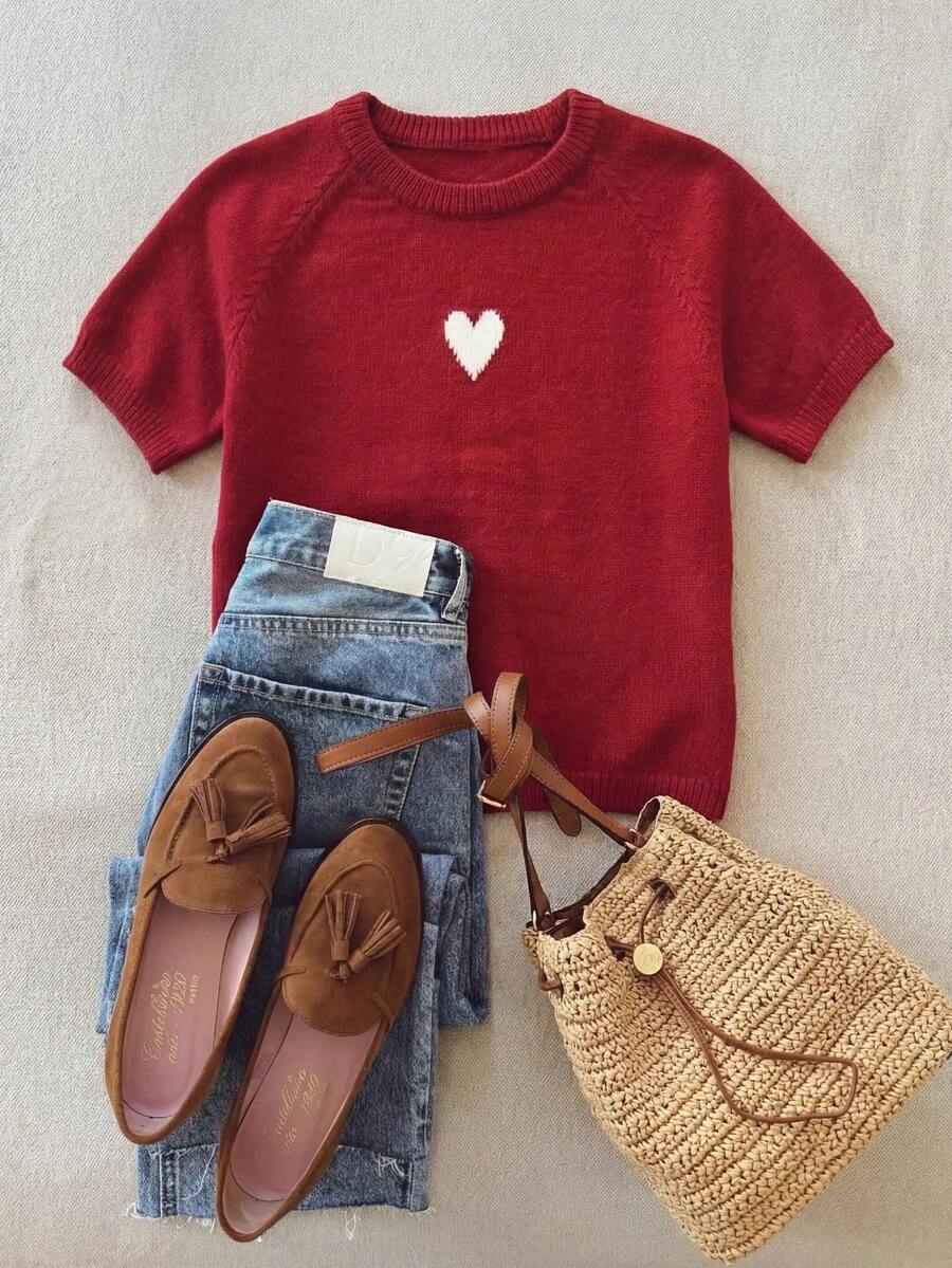 Women's Red Short Knit Top With White Heart Embroidery, Short Sleeve Round Neck Raglan Sweater, Medium Stretch Rib Knit Fabric, Suitable For Summer Wear - Red - View 1
