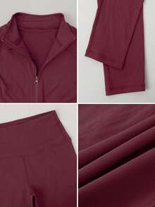 1 Set Women Elastic Zipper Casual Everyday Sportswear, Stand Collar Design, Waist Cinched, Suitable For Dance & Workout - 紅色 - 查看 4