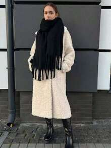 1条经典纯色流苏围巾，男女通用时尚休闲防风保暖披肩，舒适毯式围巾，适合日常佩戴，秋冬季节适用